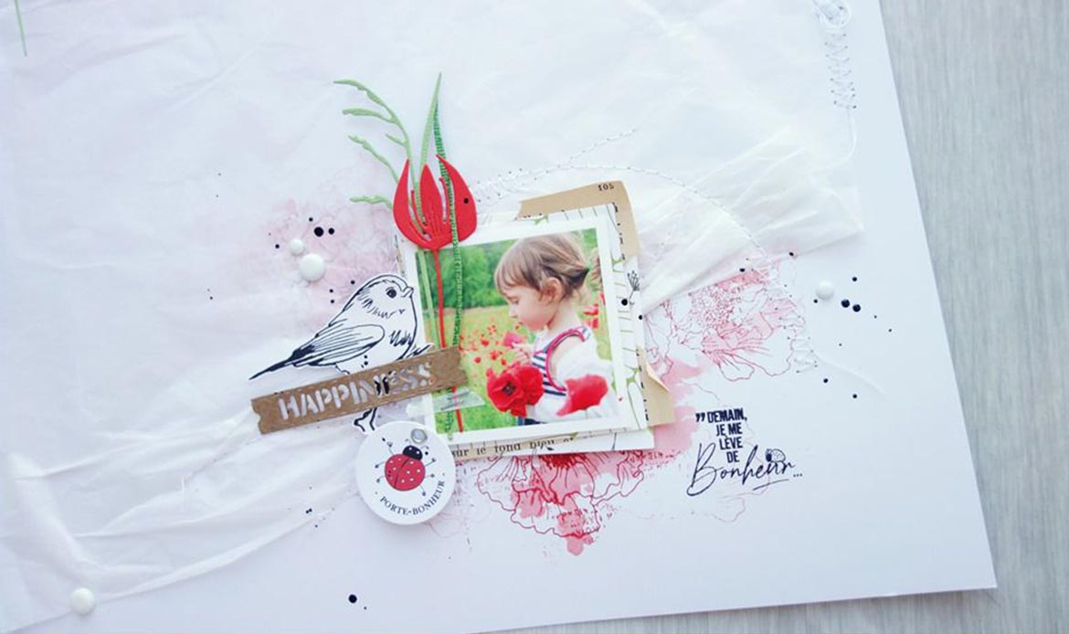 présentation pas à pas happiness de flore pour laure de Mes Ptits Ciseaux Scrapbooking